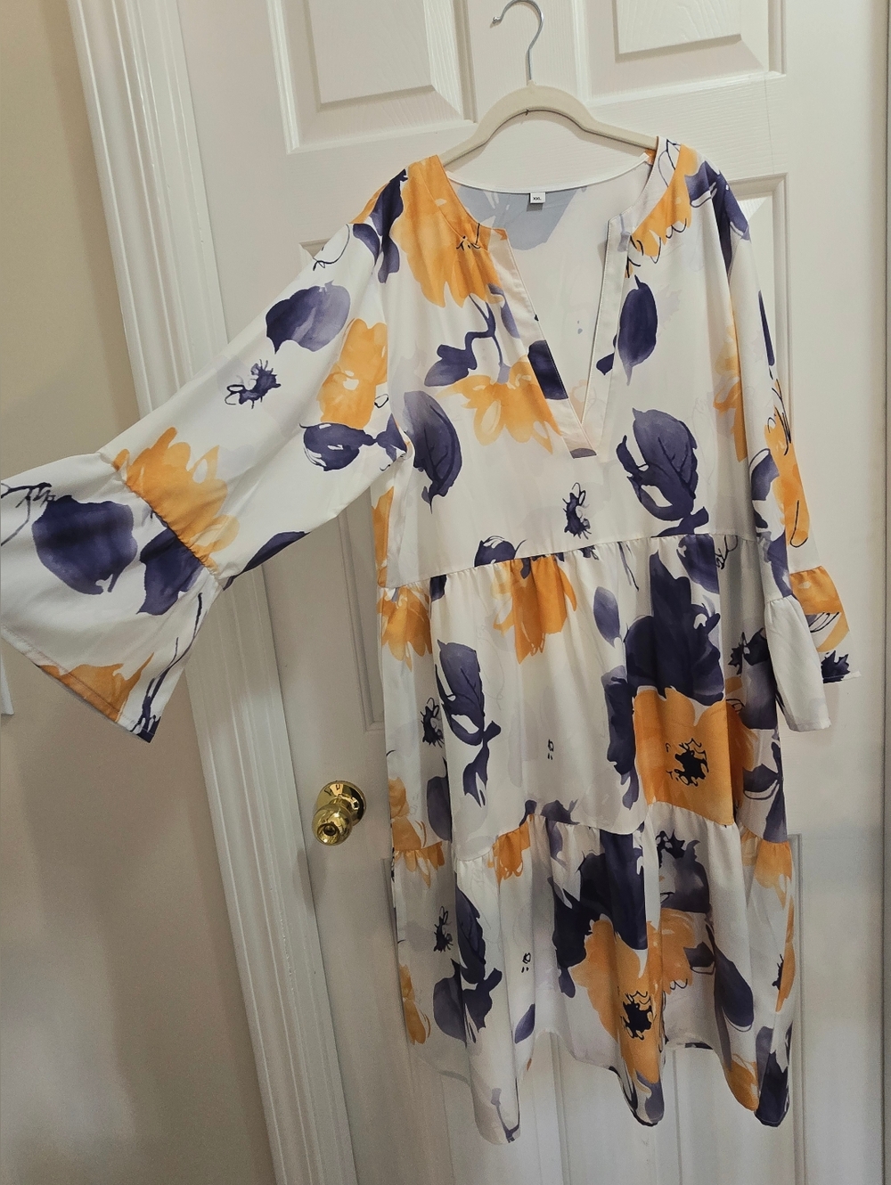 White Floral Tiered V-Neck Dress with Yellow and Navy Blooms